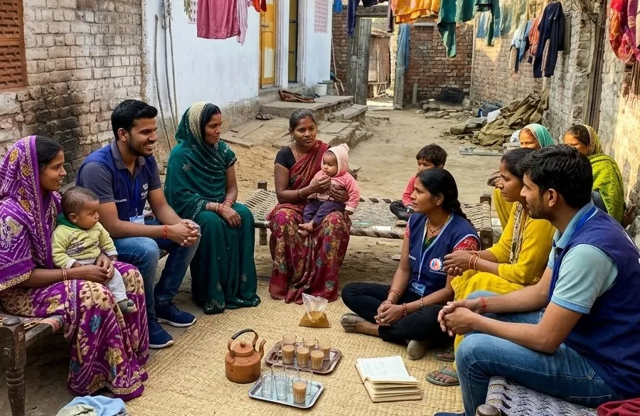 Volunteers sitting with host family in a village home