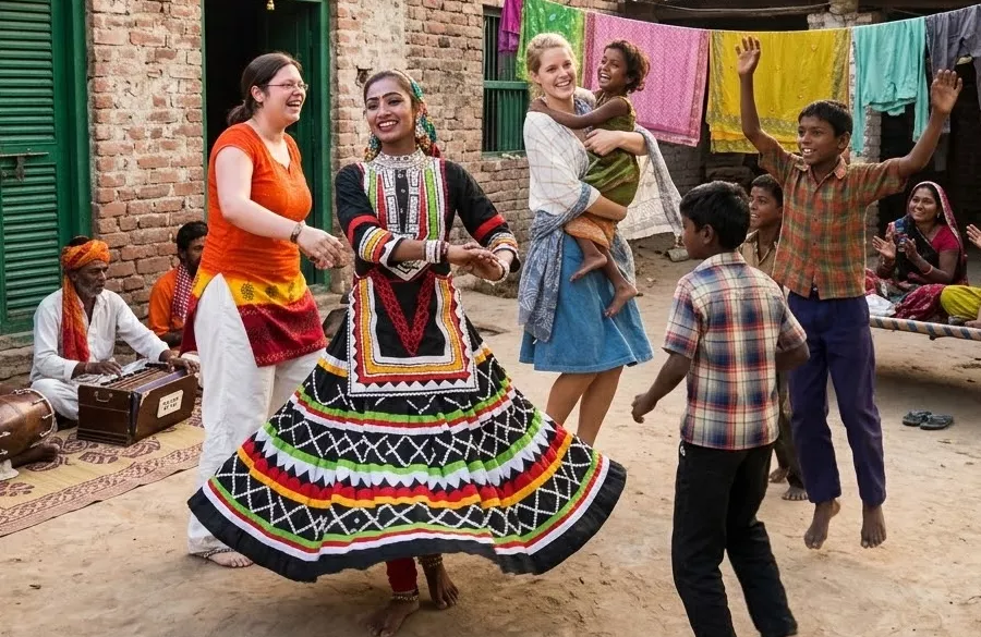 Traditional Rajasthani dance performance watched by volunteers