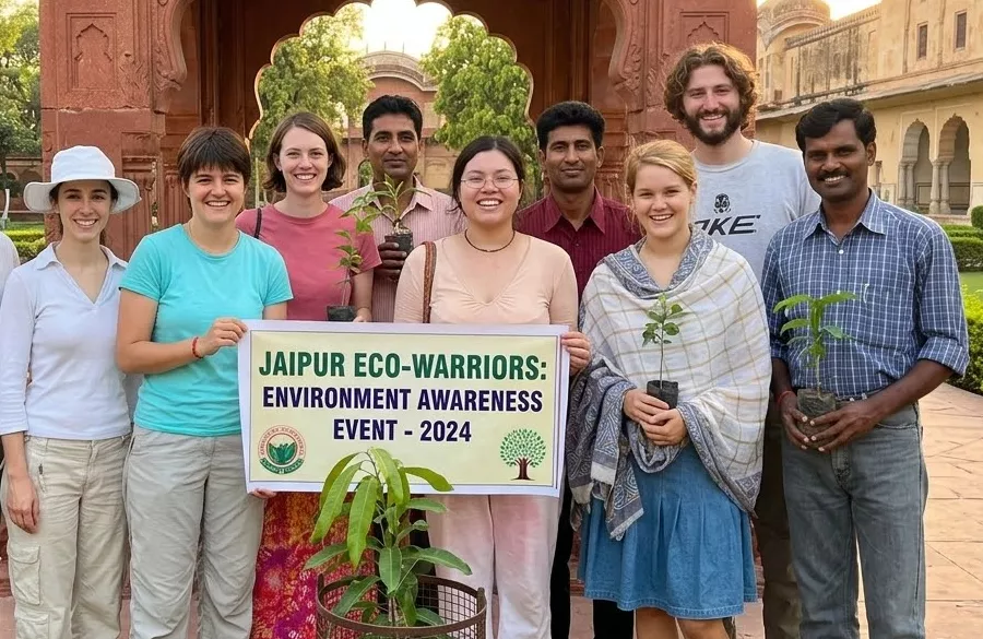 Group photo of volunteers after environment awareness event in Jaipur